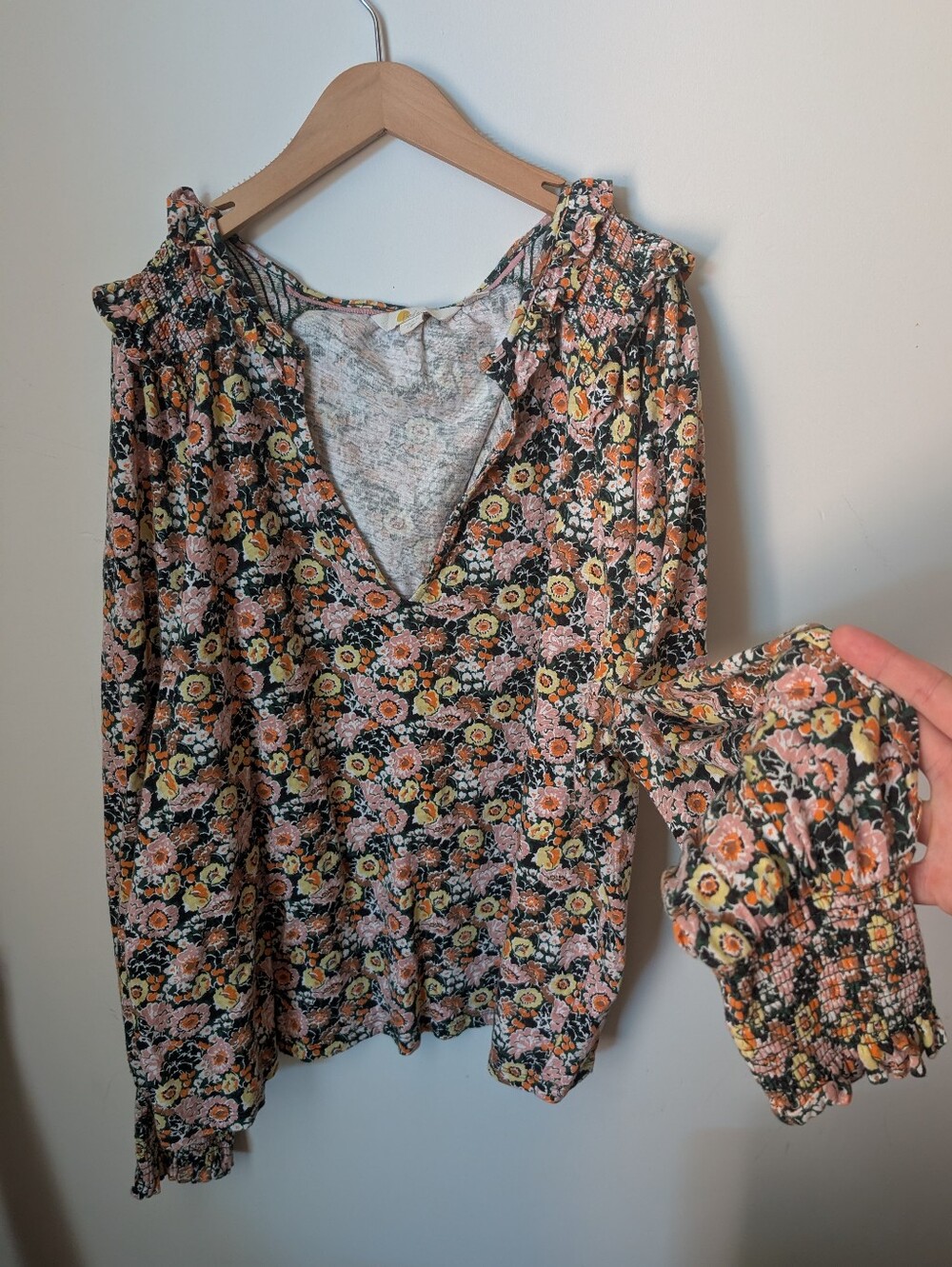 Boden Floral Smocked Frill Top, Notch Neck, Long Sleeve Flowy Top